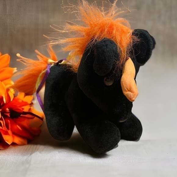 Vintage Pony Plush Orange Mane Black Unicorn Kids Toy Stuffed Animal - Picture 1 of 7